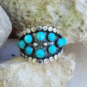 Navajo handmade Kingman turquoise Kenny Lonjose Cluster Ring sterling signed